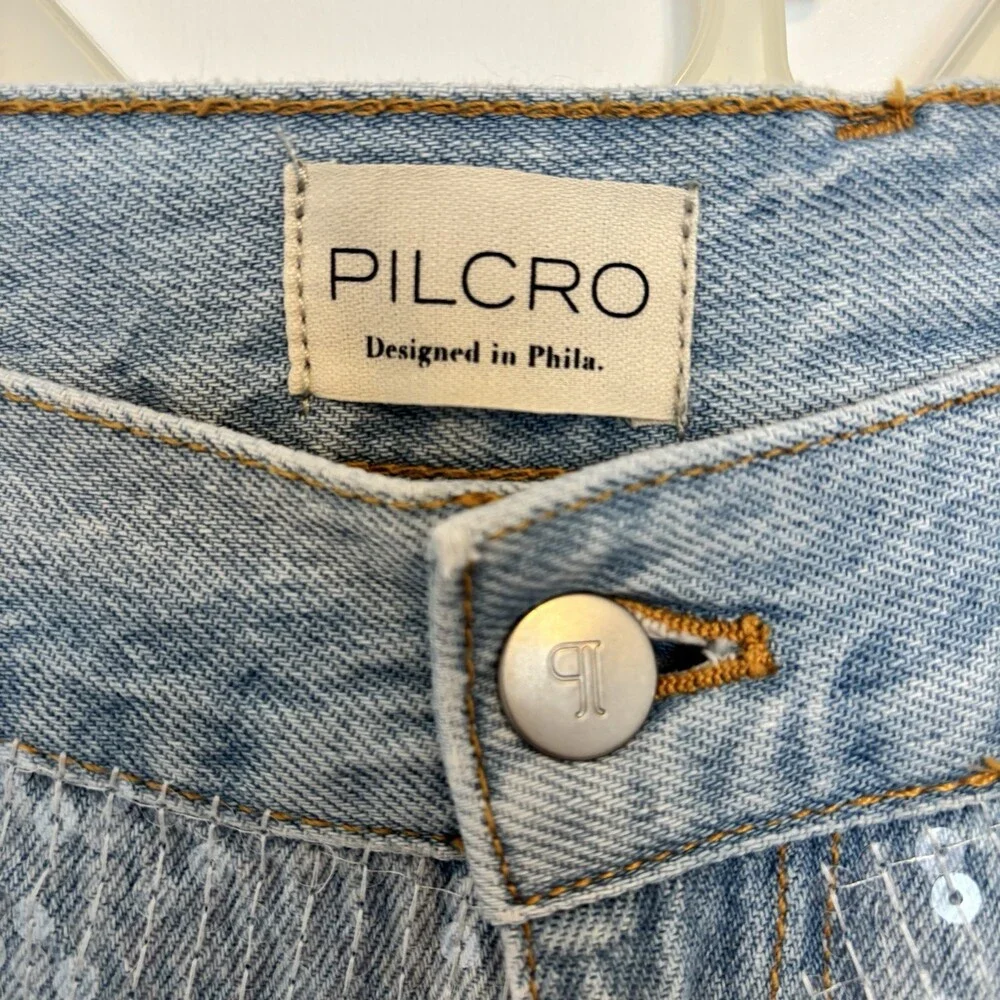 Pilcro Light Wash Sequin Wide-Leg High Rise Denim Jeans Blue Women's 5-Pocket - Picture 4 of 6